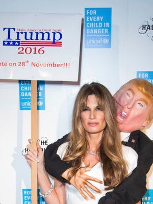 Jemima Khan with a Donald Trump costume in London on Oct. 13, 2016.