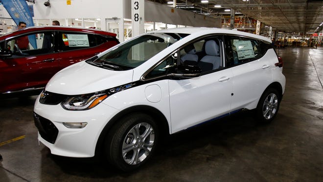 This Nov. 4, 2016, photo, shows a Chevrolet Bolt EV during a tour of the General Motors Orion Assembly plant in Orion Township, Mich.