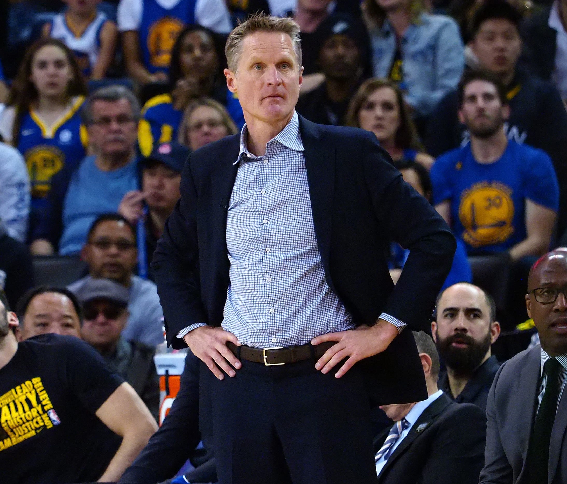 Golden State Warriors head coach Steve Kerr on the sideline against the San Antonio Spurs during the first quarter at Oracle Arena.