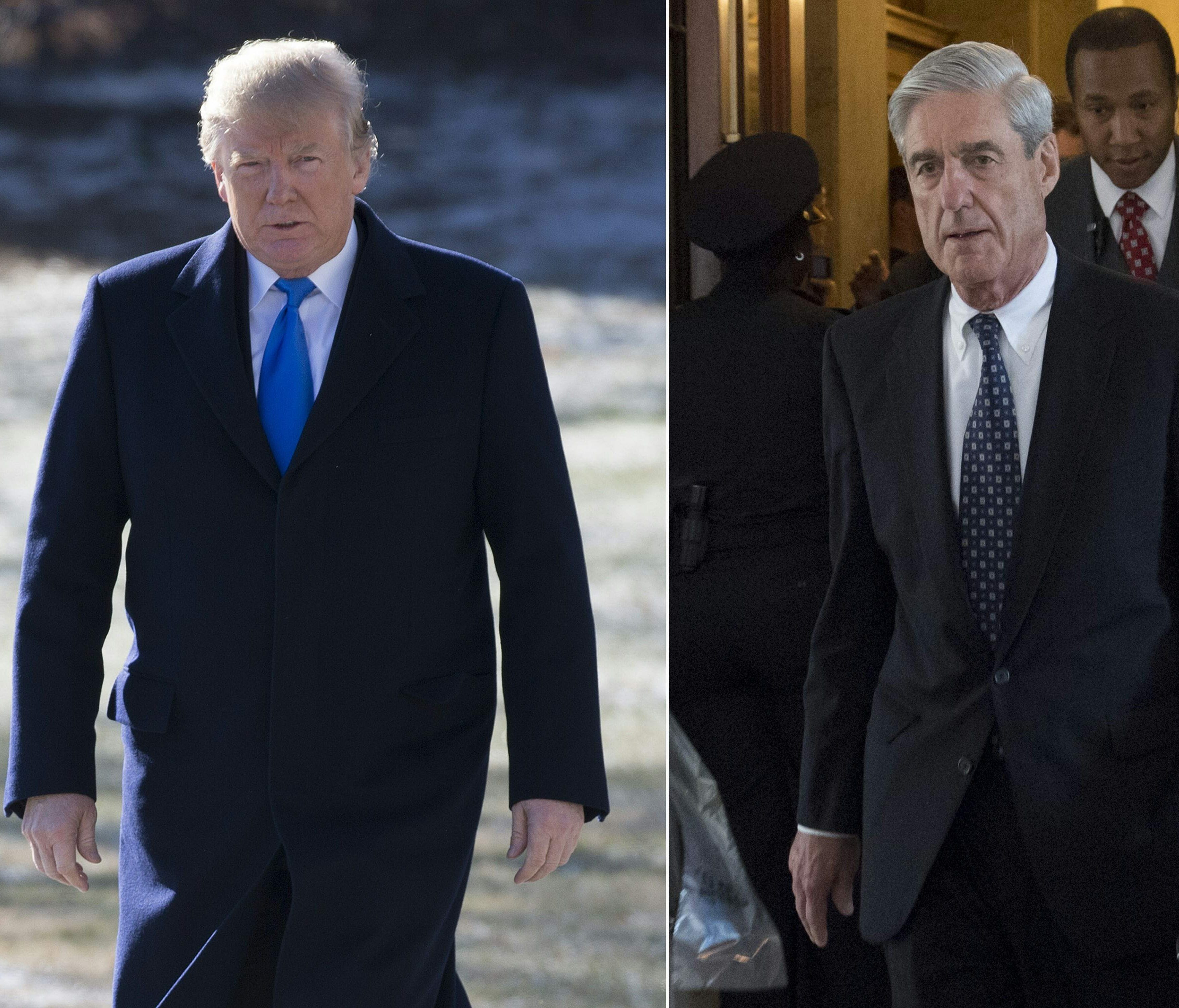 This combination of pictures created on January 24, 2018 shows President Trump on the South Lawn of the White House in Washington, D.C., January 5, 2018, and former FBI Director Robert Mueller, special counsel on the Russian investigation, at the U.S
