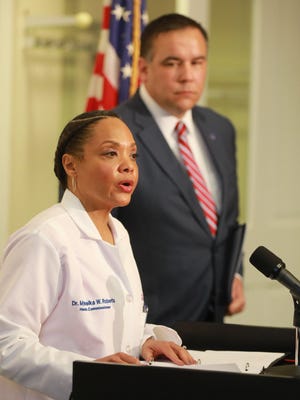City Health Commissioner Dr. Mysheika Roberts and Mayor Andrew J. Ginther announce a State of Emergency in Columbus due to coronavirus. They spoke on March 13 at the Columbus Public Health building.