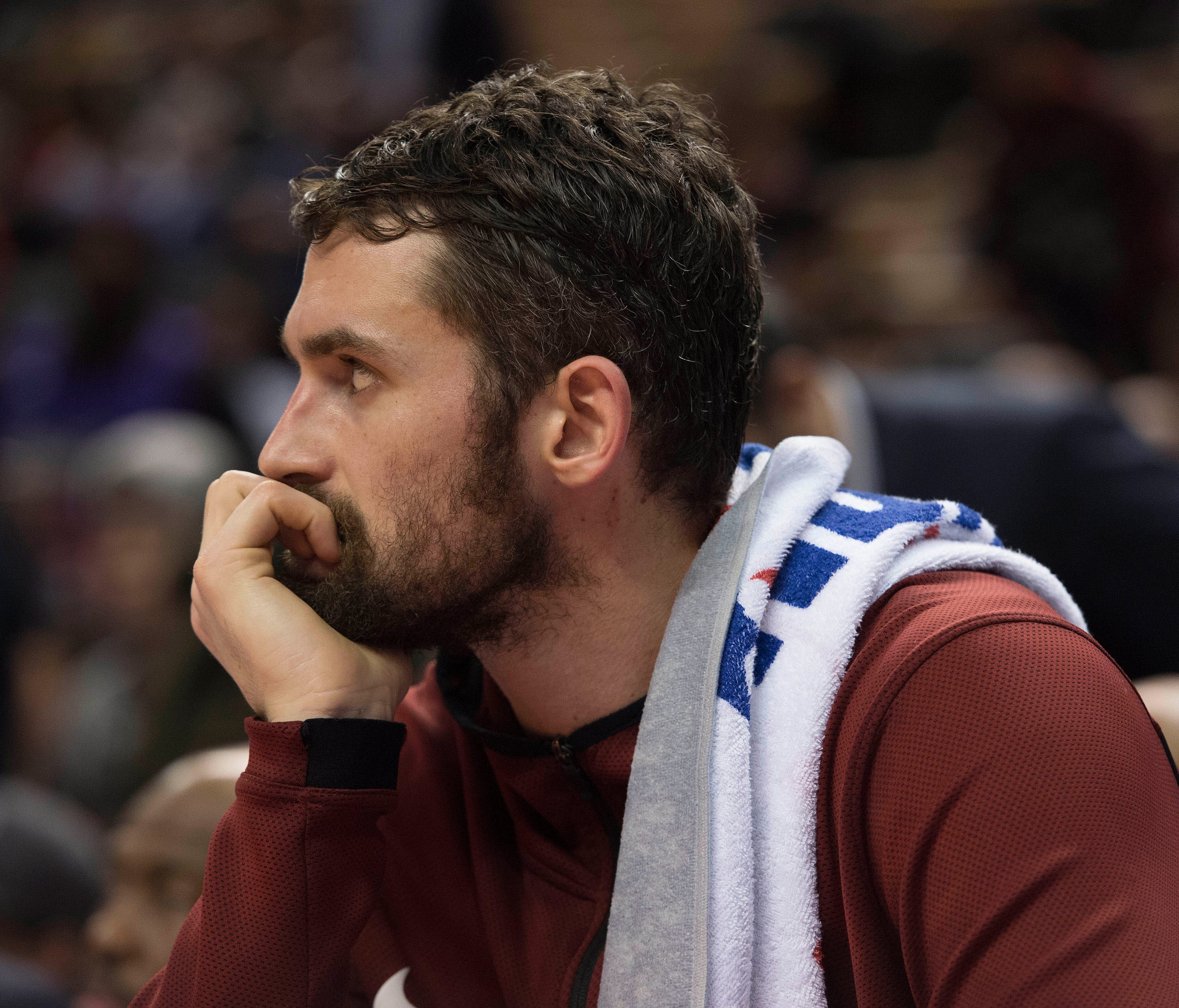 Cleveland Cavaliers forward Kevin Love (0) watches during the fourth quarter against the Toronto Raptors at Air Canada Centre.