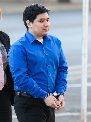 Isidro Miguel Delacruz arrives for his trial Thursday, March 22, 2018, at the Tom Green County courthouse. Delacruz is accused of capital murder in the death of Naiya Villegas, his ex-girlfriend's daughter. 