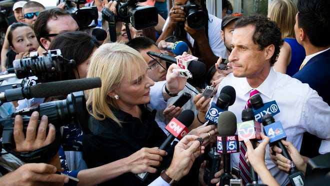 New York City mayoral candidate Anthony Weiner speaks to reporters after a campaign event in Queens in July.