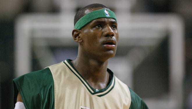 LeBron James of Akron St. Vincent-St. Mary High School looks on during a game during 2002.