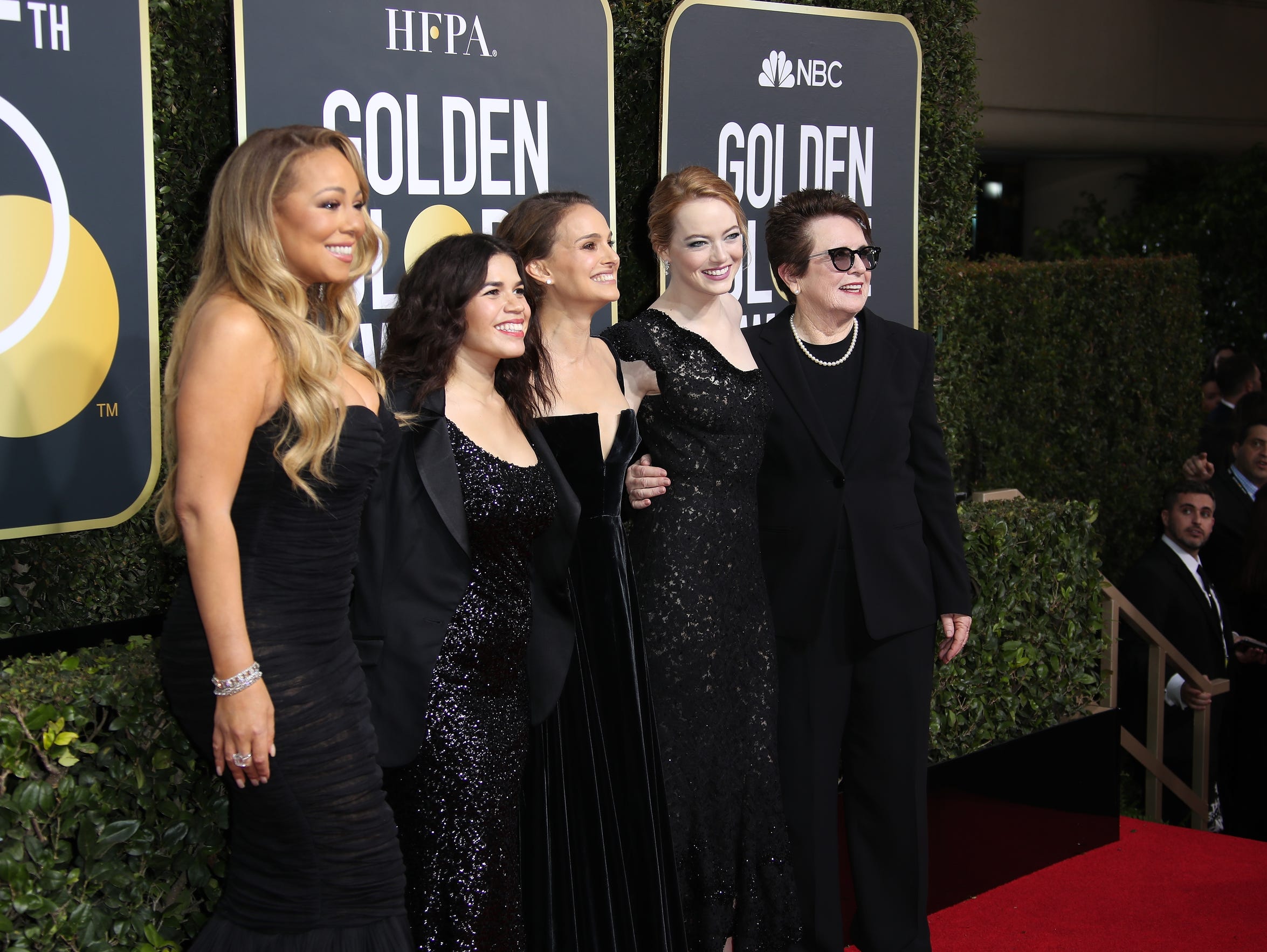 Many of Hollywood's women, including Mariah Carey, America Ferrera, Natalie Portman, Emma Stone and Billie Jean King, wore black to the 75th Golden Globe Awards as a show of solidarity with the Time's Up movement.