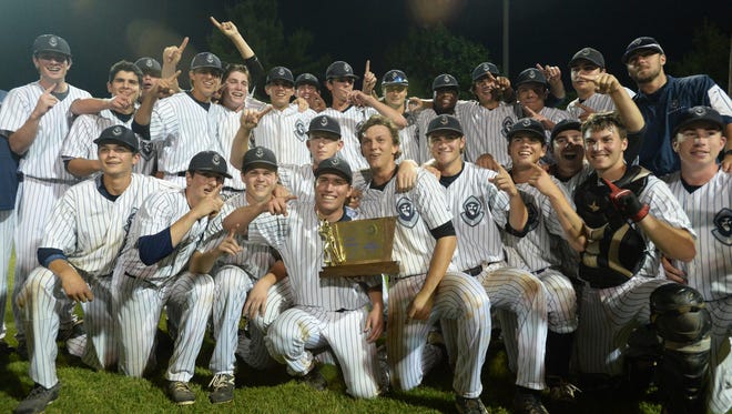 St. Augustine celebrate after defeating Delbarton 1-0 in the Non-public A baseball state final at Veterans Park in Hamilton on Saturday. 06.09.18.