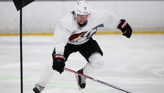 Forward Clayton Keller works out during the Arizona Coyotes development camp on Jun. 27, 2017 at AZ Ice in Peoria, Ariz.