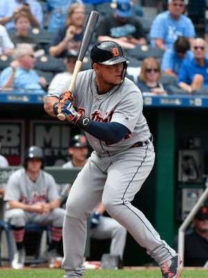 Tigers' Miguel Cabrera bats in the fifth inning against the Royals at Kauffman Stadium on May 3, 2018 in Kansas City, Mo.