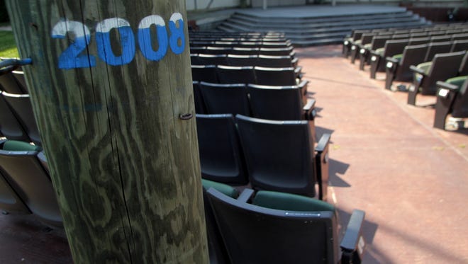 A "2008" marks the water level from the 2008 flood at the Riverside Festival Stage at Lower City Park.