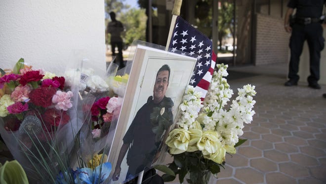Nogales police Officer Jesus Cordova is honored at a vigil on May 4, 2018. Cordova was slain on April 27, 2018.