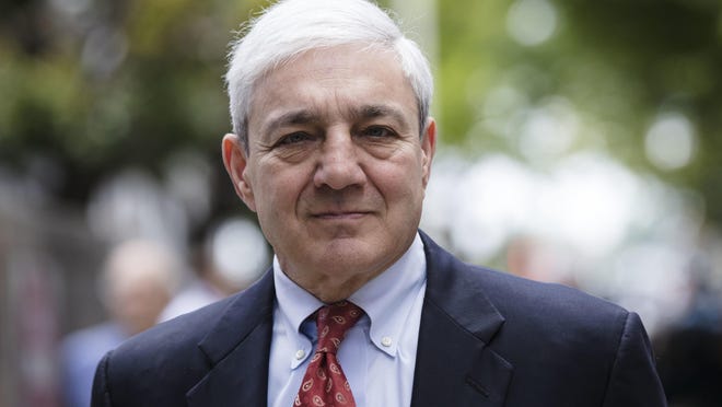 FILE - In this June 2, 2017 file photo, former Penn State President Graham Spanier departs after his sentencing hearing at the Dauphin County Courthouse in Harrisburg, Pa. Spanier, who was Penn State's president when the Jerry Sandusky child molestation scandal erupted, may soon be headed to jail after Pennsylvania's highest court declined to take up his appeal. The state's Supreme Court on Thursday Feb. 21, 2019 declined to hear Spanier's appeal of a misdemeanor child endangerment conviction related to his handling of a 2001 complaint about Sandusky showering with a boy in the football team locker room. (AP Photo/Matt Rourke, File)