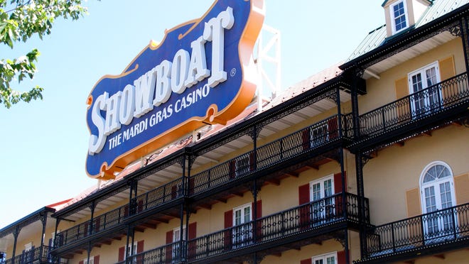 This photo taken on June 27, 2014, shows the exterior of the Showboat Casino Hotel in Atlantic City N.J. The Showboat's owner, Caesars Entertainment, said on Wednesday, Aug. 27, 2014,  that the casino will definitely close on Sunday, Aug. 31. (AP Photo/Wayne Parry)