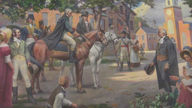 Detail from mural titled “President James Monroe in Worthington-1817,” showing Monroe arriving in the Ohio town during the northern tour.