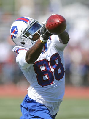 Speedster Marquise Goodwin trying to catch up to a deep pass during Buffalo Bills training camp.
