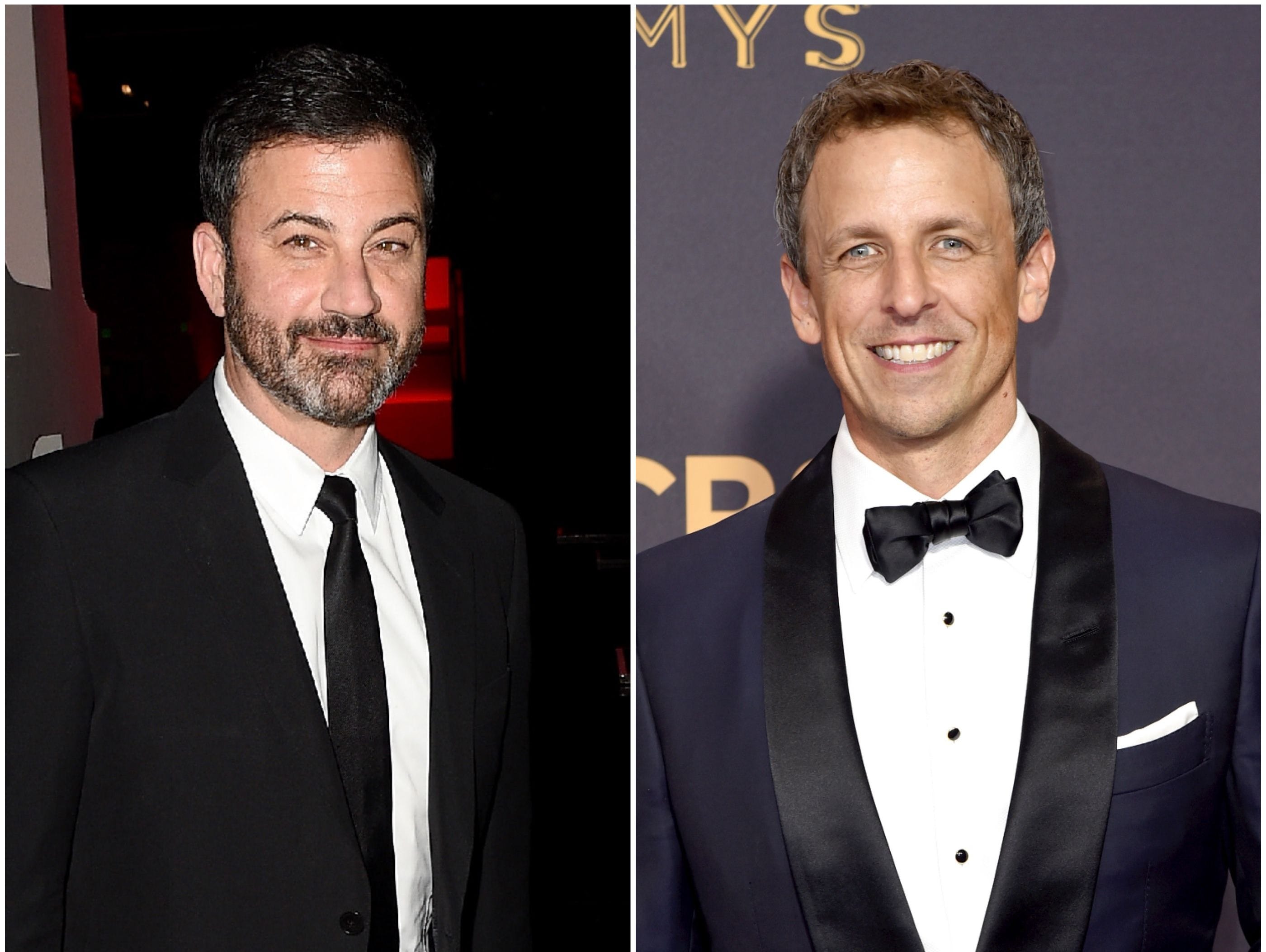 Jimmy Kimmel, left, and Seth Meyers both responded to the president's call for equal time on late-night shows.