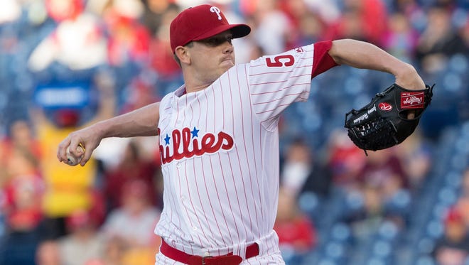 Philadelphia Phillies starting pitcher Jeremy Hellickson (58) pitches during the first inning against the Cincinnati Reds at Citizens Bank Park.