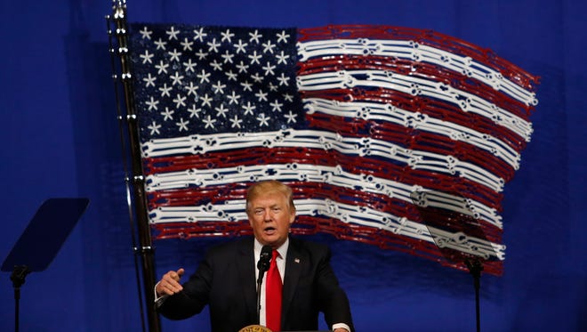 President Donald Trump speaks at Snap-On Tools in Kenosha, Wisconsin on April 17.