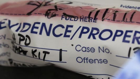 This April 2 photo shows an evidence bag from a sexual assault case in the biology lab at the Houston Forensic Science Center in Houston.