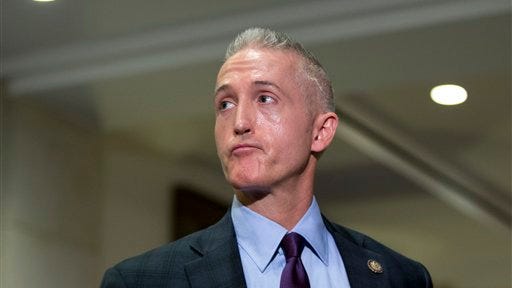 House Select Committee on Benghazi chairman Rep. Trey Gowdy, R-S.C., pauses as he speaks to media on Capitol Hill in Washington, Wednesday, Sept. 17, 2014, following a House Select Committee on Benghazi hearing on the implementation of the Accountability Review Board recommendations. (AP Photo/Carolyn Kaster)