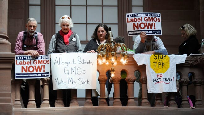 Demonstrators rally in favor of labeling genetically modified food at the Capitol in Albany, N.Y., last month.