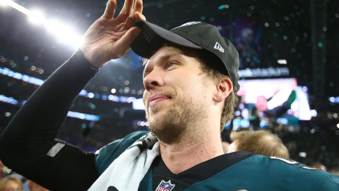 Nick Foles celebrates the Eagles' Super Bowl victory Sunday night.
