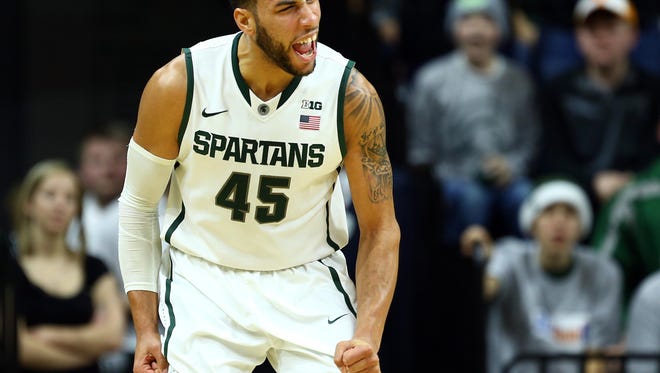 Michigan State Spartans guard Denzel Valentine (45) reacts to a play during the 2nd half of a game against Texas Southern at Jack Breslin Student Events Center.