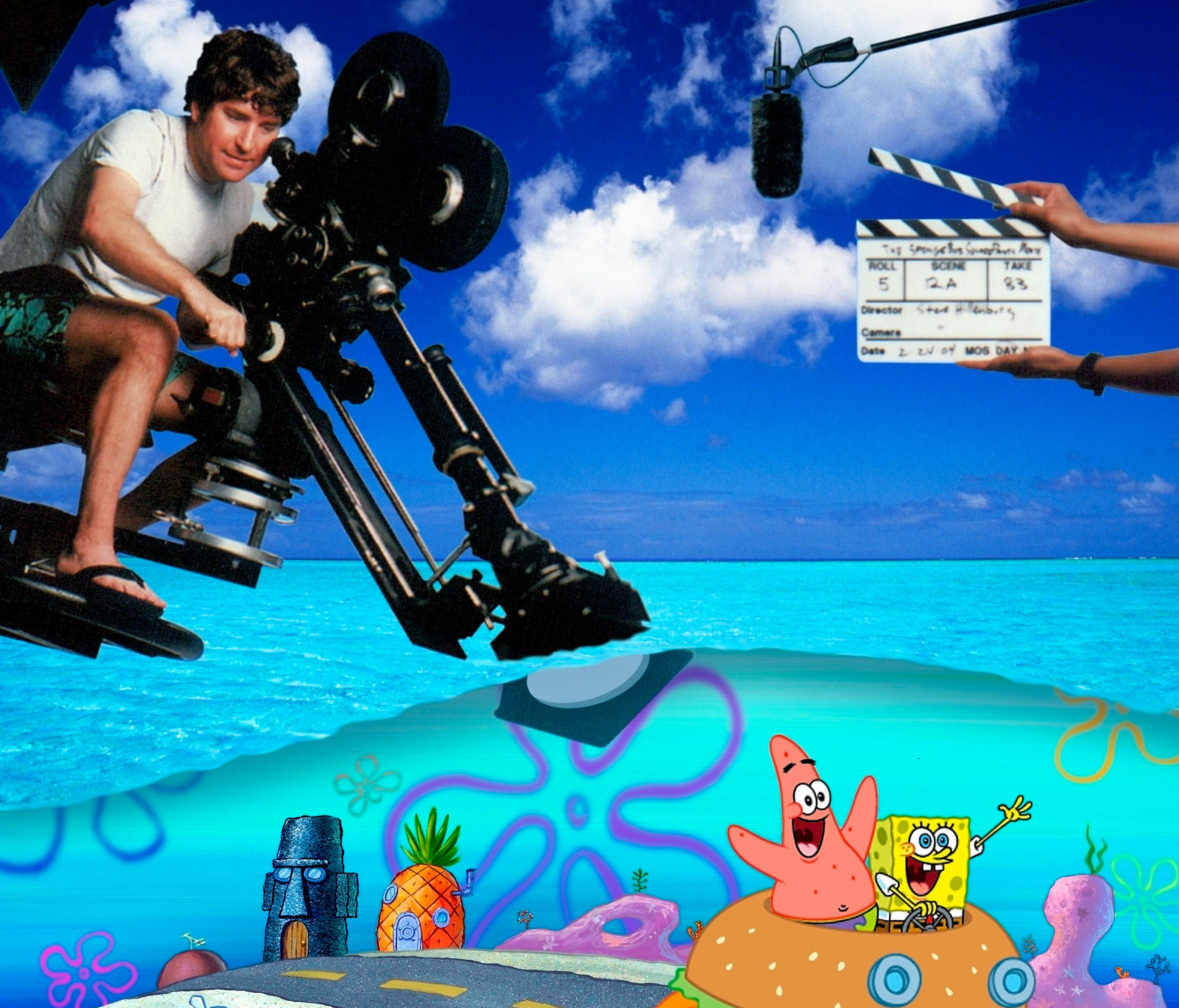 Stephen Hillenburg directs Patrick and SpongeBob in a 'The SpongeBob SquarePants Movie' in November 2004.