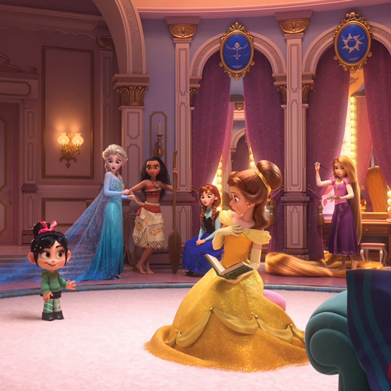 Vanellope (voiced by Sarah Silverman, center) runs into the Disney princesses in 