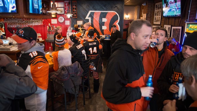 Bengals fans gather inside Kitty's Sports Grill to watch the Bengals versus the Rams Nov. 29. Who Dey is often a cheer used to cheers a great play or victory.