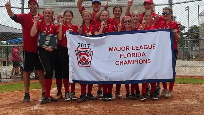Fort Myers American Little League Softball won the state championship with an 8-3 win over South Tampa on Monday. They begin Southeast Regional play July 27th in Warner Robins, Ga. 

Roster: Alexa Bent, Chloe Wademan, Emma Hayman, Emma Ludlam, Gabrielle Santibanez, Haley Morales, Justine Robbins, Kylee Vagle, Maddy Tejeda, Madison Welsh, Savannah Collins
Coaches: