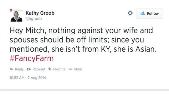 A series of tweets sent by political consultant Kathy Groob about Elaine Chow concerning her nationality stirred a small controversy Saturday during Fancy Farm.