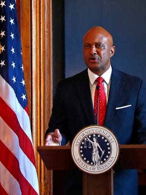 Indiana Attorney General Curtis Hill makes a statement, Monday, July 9, 2018, about allegations of sexual harassment made by four women.  Several top Indiana Republican leaders have called for his resignation.  Hill is accused of inappropriately touching four women in a bar in March 2018.