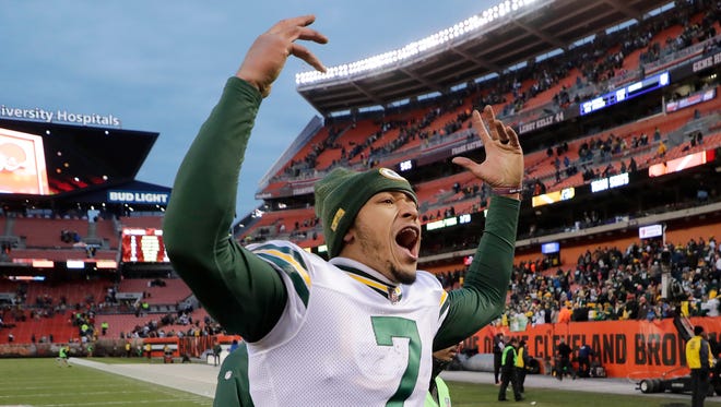 Green Bay Packers quarterback Brett Hundley (7) reacts after winning on overtime against the Cleveland Browns on Dec. 10, 2017 at FirstEnergy Stadium in Cleveland.