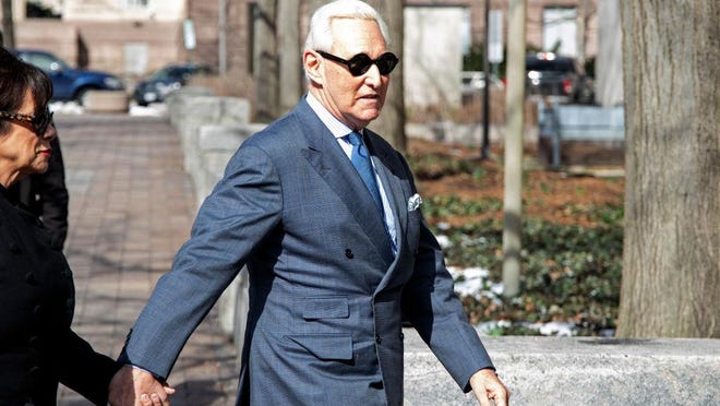 Roger Stone, former adviser and long time associate of President Trump, arrives at the E. Barrett Prettyman U.S. Courthouse in this February 21, 2019, file photo.