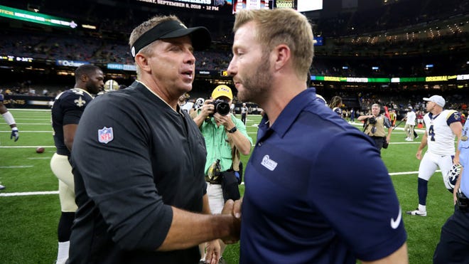 Aug 30, 2018; New Orleans, LA, USA; New Orleans Saints head coach Sean Payton talks to Los Angeles Rams head coach Sean McVay after their game at Mercedes-Benz Superdome. The Saints won, 28-0. Mandatory Credit: Chuck Cook-USA TODAY Sports