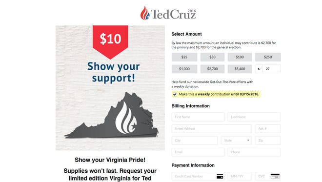 An image from Presidential candidate Ted Cruz's website TedCruz.org shows the state of Virginia with the Eastern Shore peninsula missing.