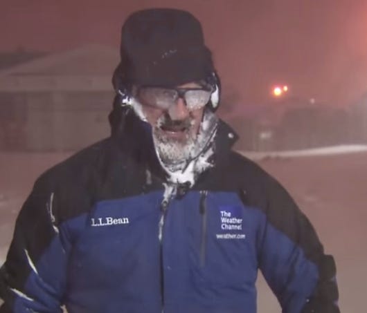 Jim Cantore reacts to snow in Massachusetts.