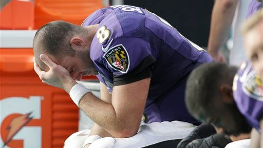 Baltimore Ravens quarterback Matt Schaub (8) sits on the sidelines during the final minutes in the second half of an NFL football game against the Miami Dolphins, Sunday, Dec. 6, 2015, in Miami Gardens, Fla. The Dolphins defeated the Ravens 15-13.