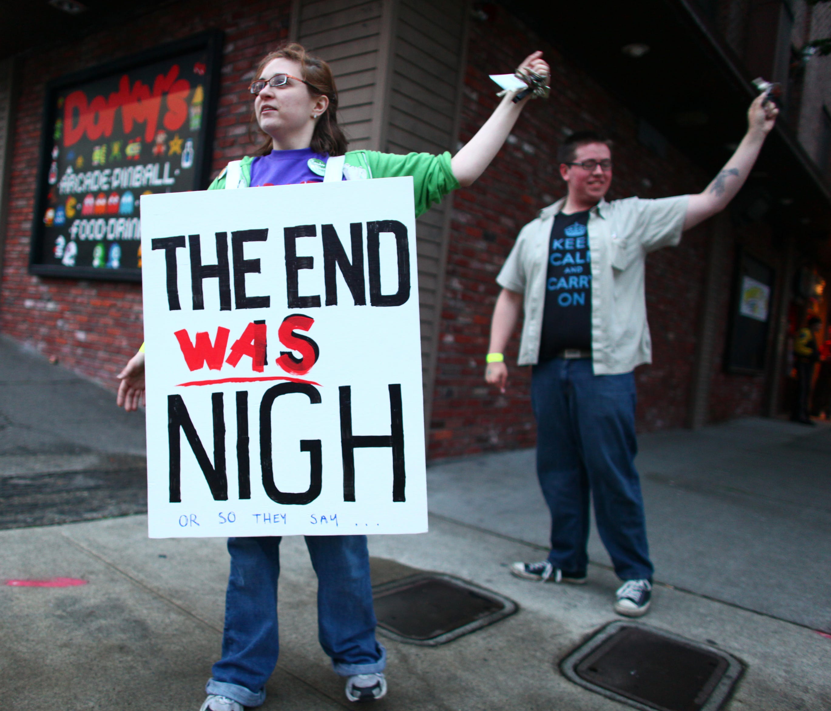 Becky Friedman stands outside a rapture party, May 21, 2011 at Dorky's Arcade in Tacoma, Wash.