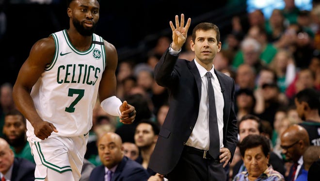 May 13, 2018; Boston, MA, USA; Boston Celtics head coach Brad Stevens call a play in front of guard Jaylen Brown (7) against the Cleveland Cavaliers during the third quarter of the Eastern conference finals of the 2018 NBA Playoffs at TD Garden. Mandatory Credit: Winslow Townson-USA TODAY Sports