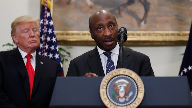 Ken Frazier, chairman and chief executive officer of Merck, speaks during a White House event in 2017. Frazier is one of the co-founders of OneTen, a coalition of 37 companies aimed at training and hiring 1 million Black Americans over 10 years.