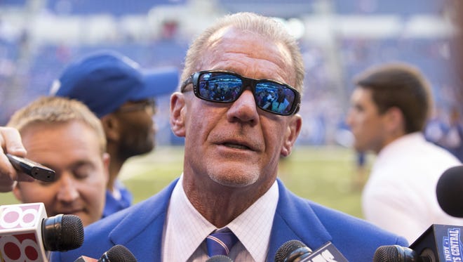 Jim Irsay, Team Owner, talks to media during Colts open practice mini camp at Lucas Oil Stadium, Indianapolis, Wednesday, June 8, 2016.