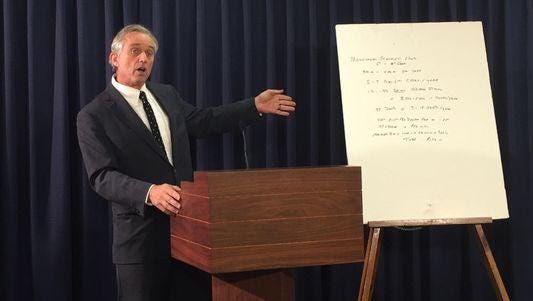Robert F. Kennedy Jr. speaks out against a bill that would mandate a meningitis vaccine for New York students in grades 7 and 12. Kennedy spoke at a news conference Tuesday, June 2, 2015, in Albany.