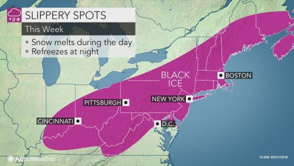 Meteorologists are warning of the potential for black ice as the snow from this week's spring nor'easter melts and refreezes.