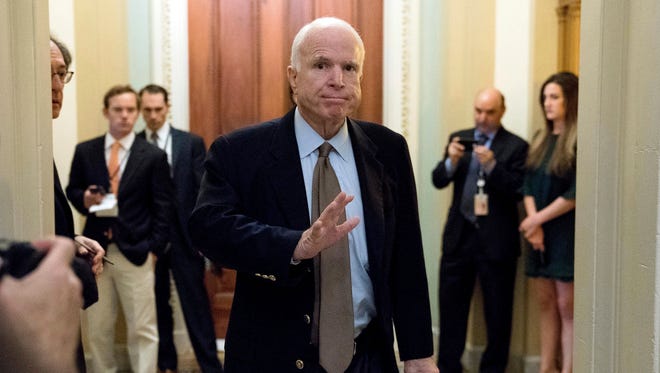 In this June 22, 2017, file photo Sen. John McCain, R-Ariz., arrives for a meeting on a health care reform bill on Capitol Hill.