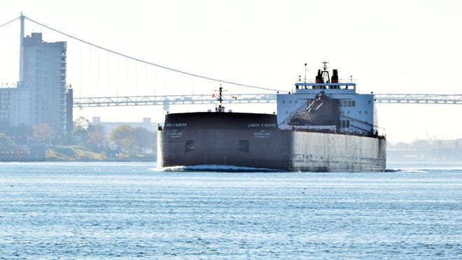The James R. Barker, a 1,000 foot freighter that is owned by the Interlake Steamship Company is upbound on the Detroit River.