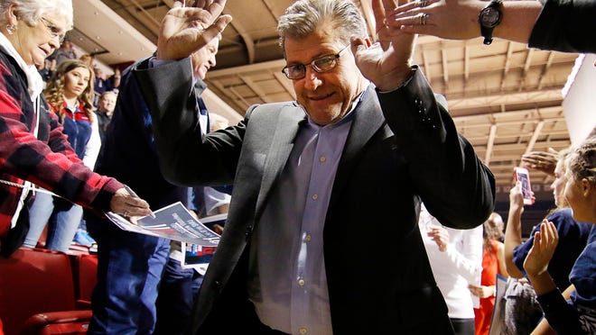 JConnecticut Huskies head coach Geno Auriemma leaves the court following the game against the SMU Mustangs at Moody Coliseum. Connecticut won 88-48, for their 91st consecutive victory an NCAA record. Credit: Ray Carlin-USA TODAY Sports