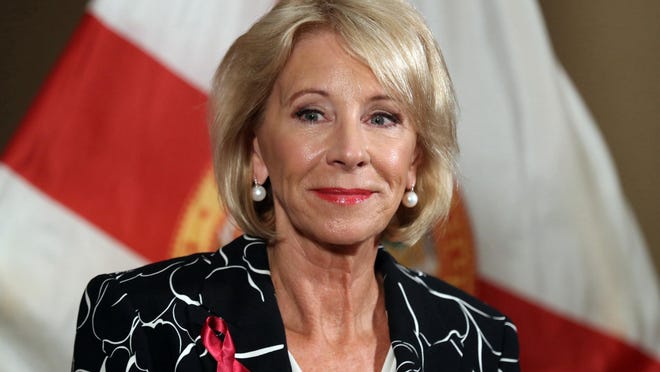U.S. Secretary of Education Betsy Devos speaks during a news conference at the Marriot Heron Bay in Coral Springs, Fla., in 2018. DeVos defended deep cuts to Special Olympics, while urging Congress to spend millions more on charter schools. (Amy Beth Bennett/Sun Sentinel/TNS)