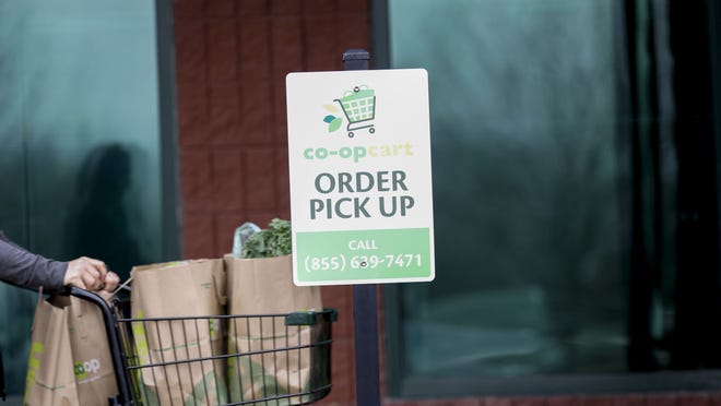 An order pickup station is seen at New Pioneer Co-Op in Coralville, Iowa.